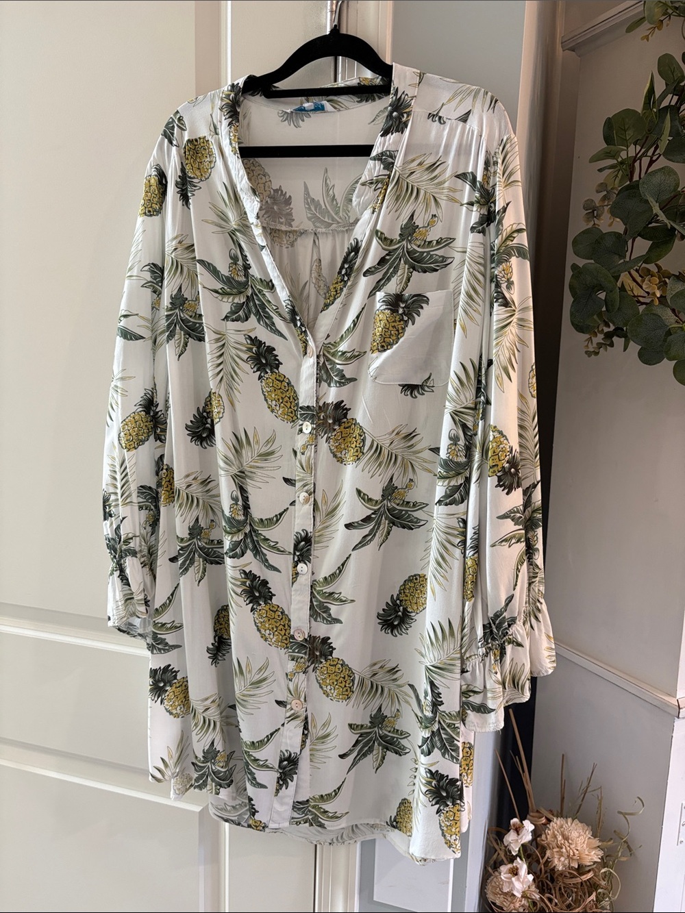 blue island White Pineapple Print Button-Front Swim Coverup